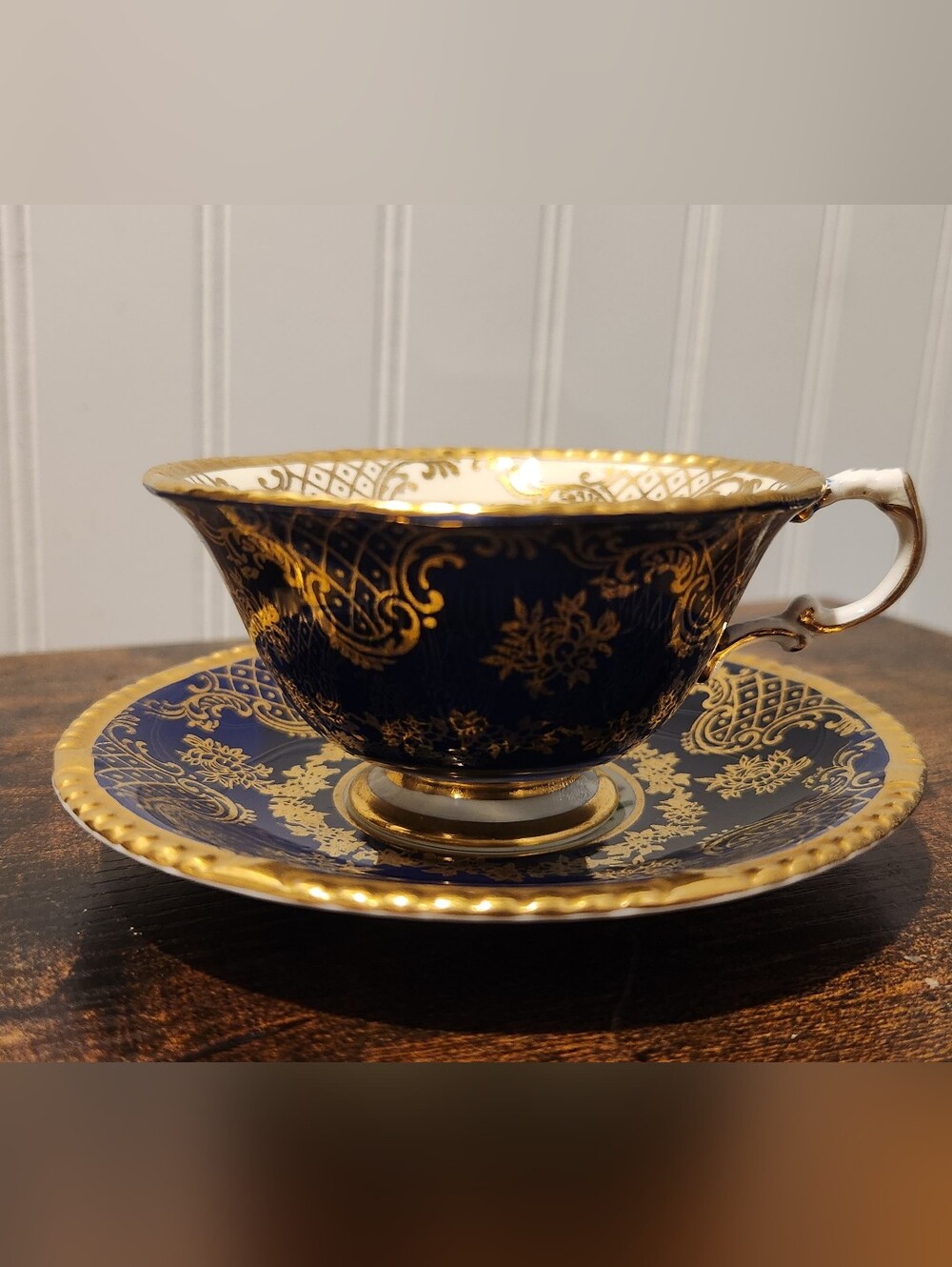 Paragon Vintage Cobalt Blue Gold Filigree Teacup Saucer Set 1930s Bone China